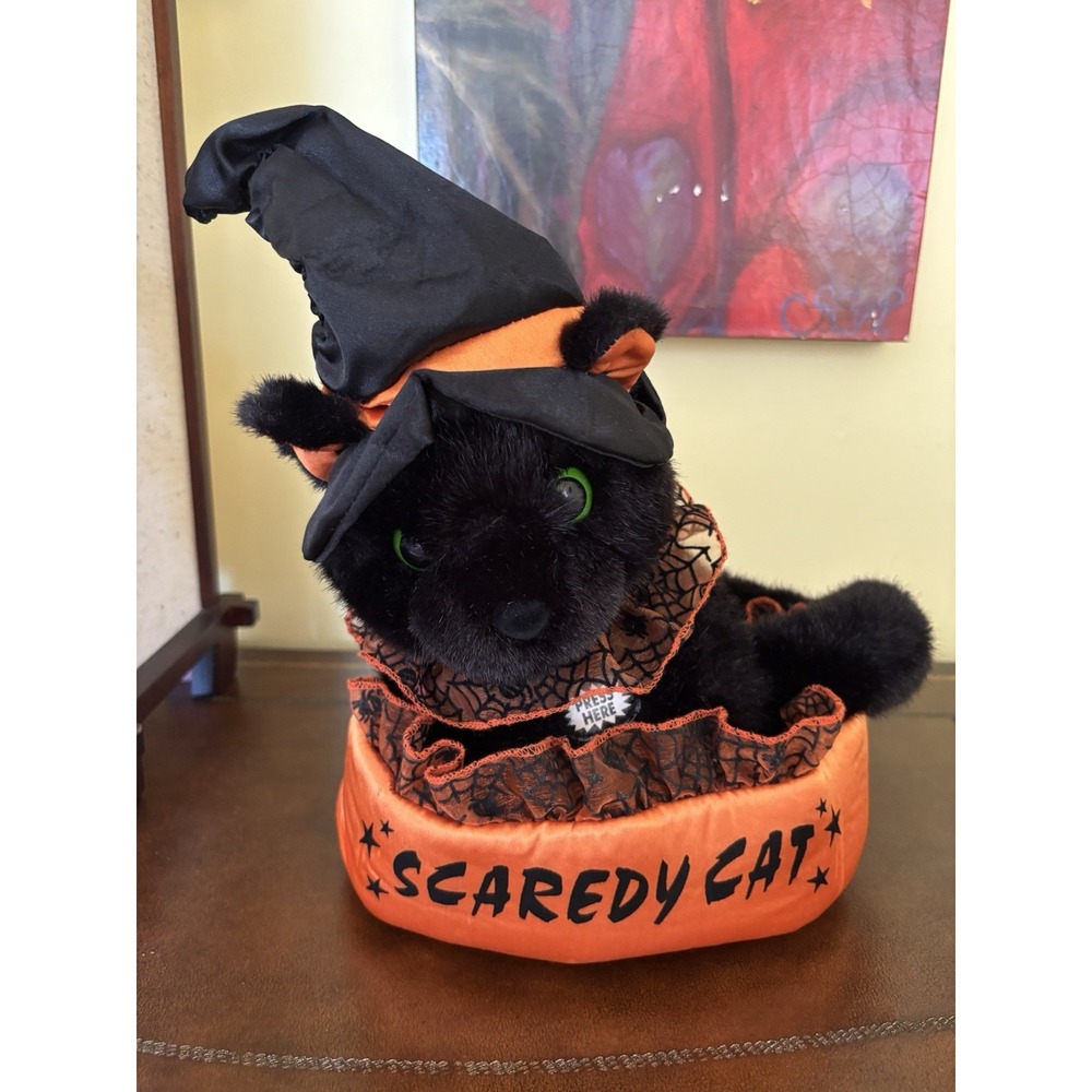 DanDee Animated Halloween Witch Black Scaredy Cat Plush Screeches Spins Head